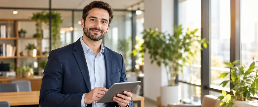 A male professional expert holding a tablet